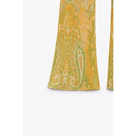 NWT Zara Yellow & Green Jacquard High Waisted Pull On Flare Pants, Size Medium - Picture 11 of 16